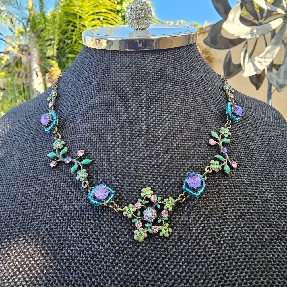 Vintage Michal Negrin Floral And Star Enamel and Rhinestone Necklace